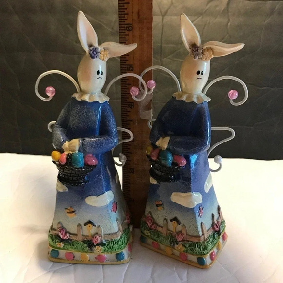 Vintage Wooden Figurines Easter Bunnies with eggs baskets decorative 2 pcs lot - Picture 2 of 4